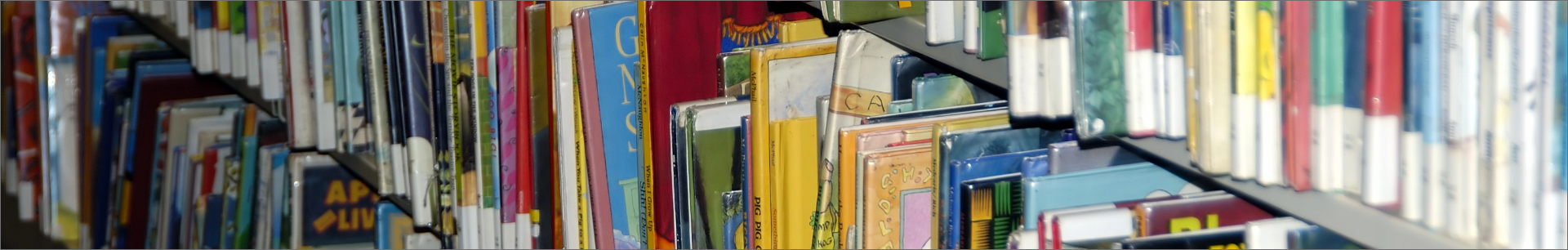 A closeup of a public library shelf full of books.