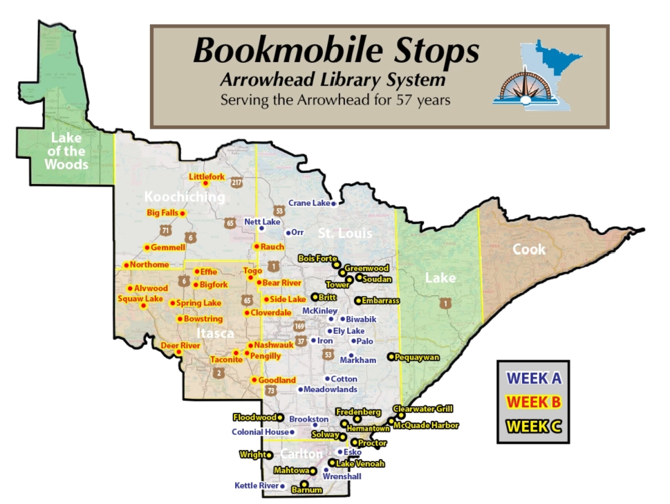 Map of Arrowhead Library System Bookmobile stops.