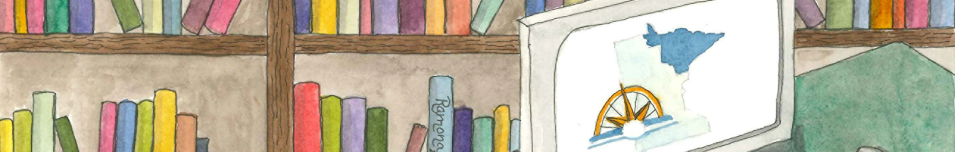 Drawing of library books on a shelf with a drawing of the state of Minnesota and Arrowhead County.