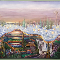 A beautiful painting depicting a frozen layer of snow with a cutaway of the underground full of lush colors and beautiful scenery.