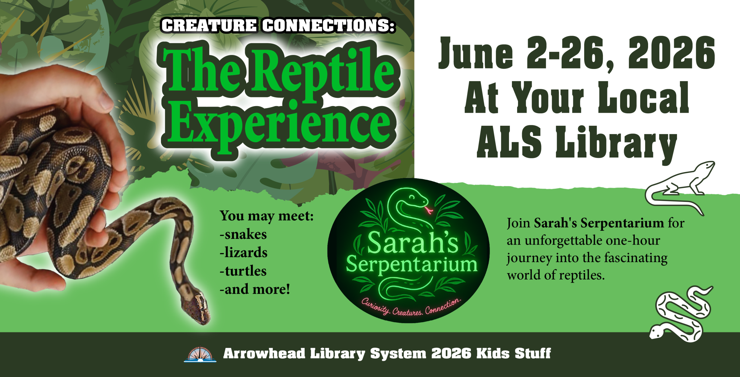 Promotional image for The Reptile Experience ALS Kids Stuff Tour, June 2-26, 2026