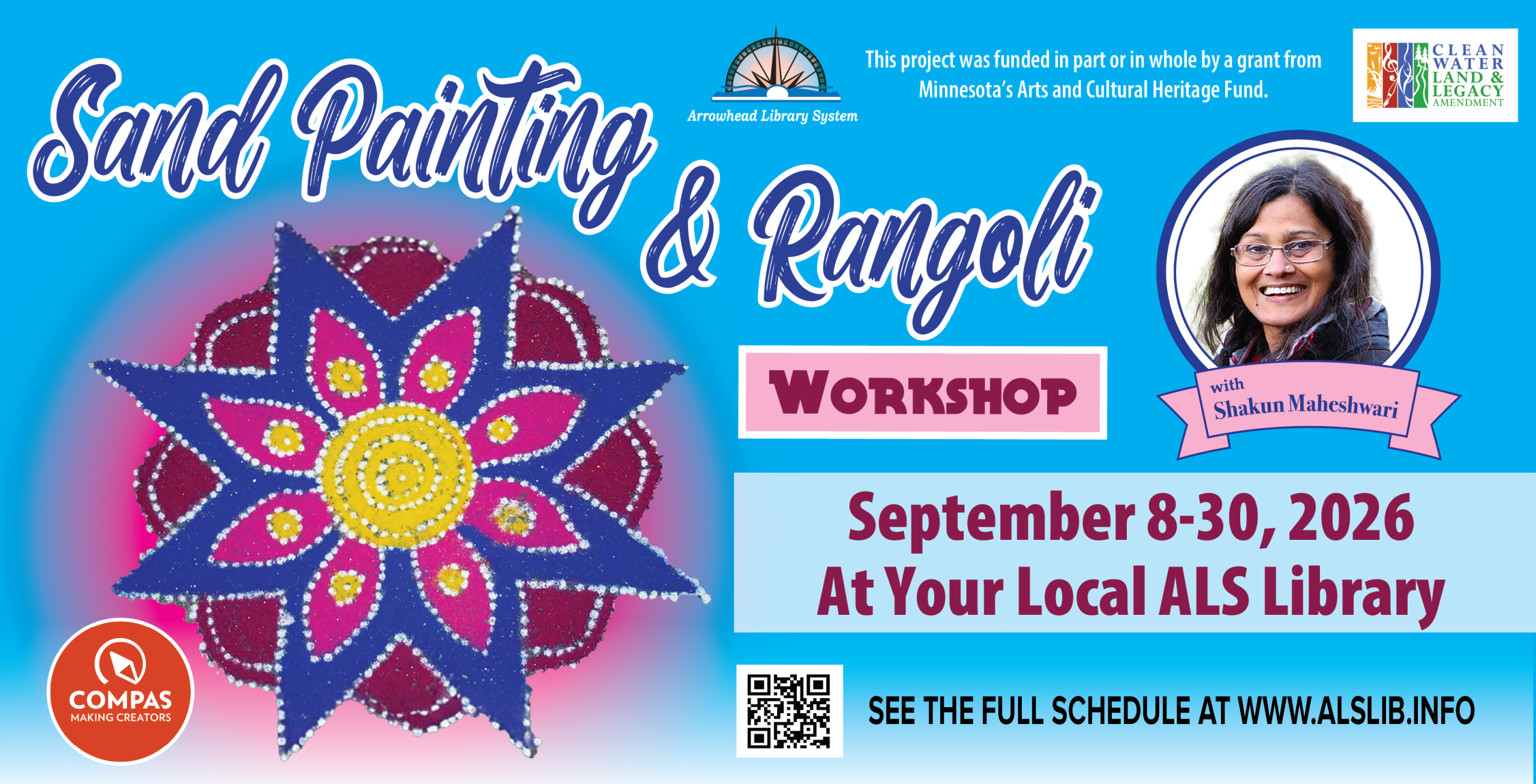 An image promoting the Sand Painting & Rangoli Workshop tour of the Arrowhead Library System participating libraries.