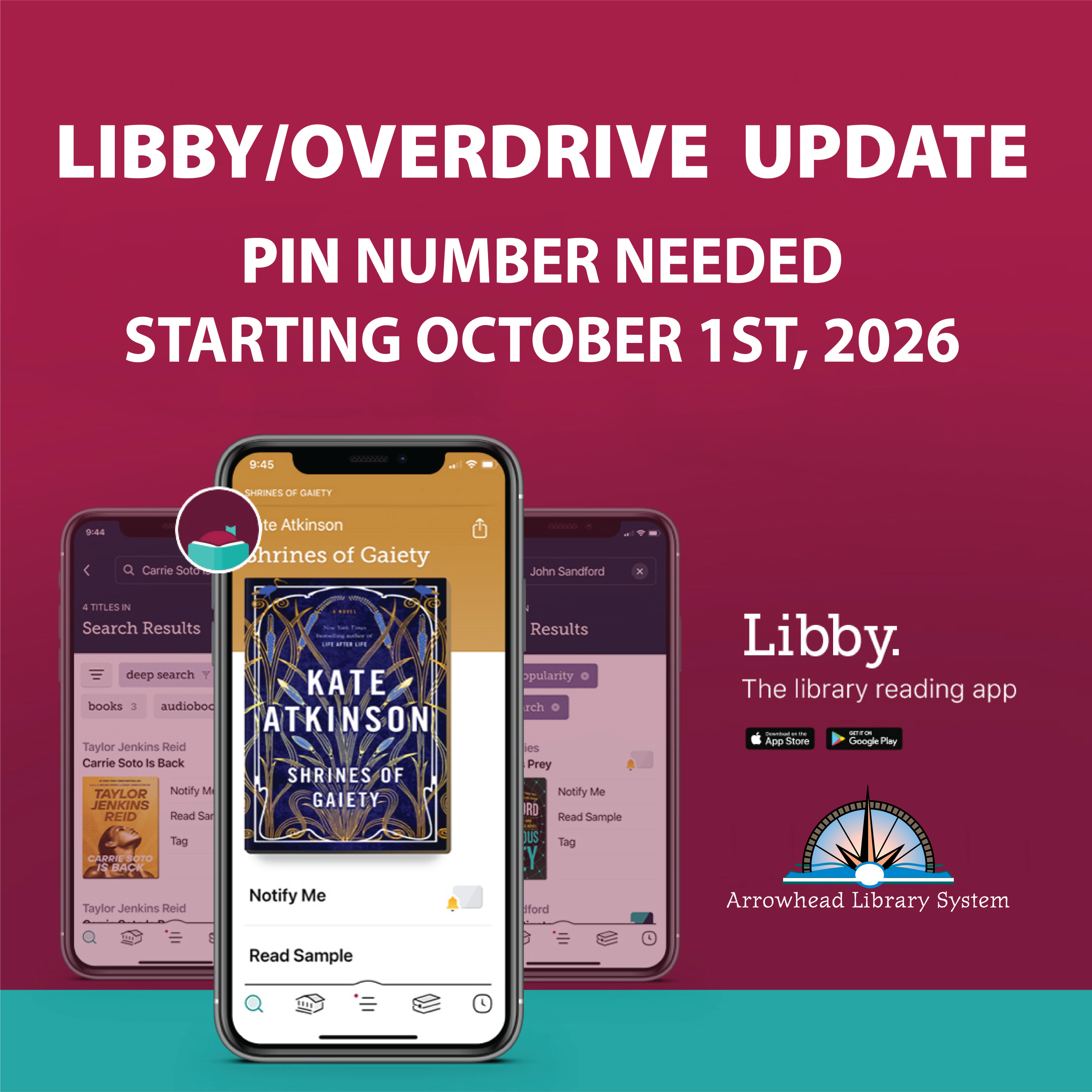 Libby image with text: Libby/Overdrive Update, PIN number needed starting October 1st, 2026